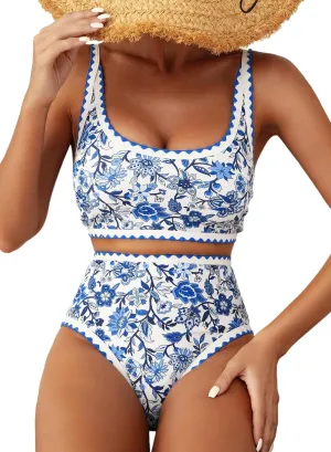 Herseas Women's Bikini Sets Floral Print Whip Stitch 2 Piece Swimsuits High Waisted Scoop Bathing Suits