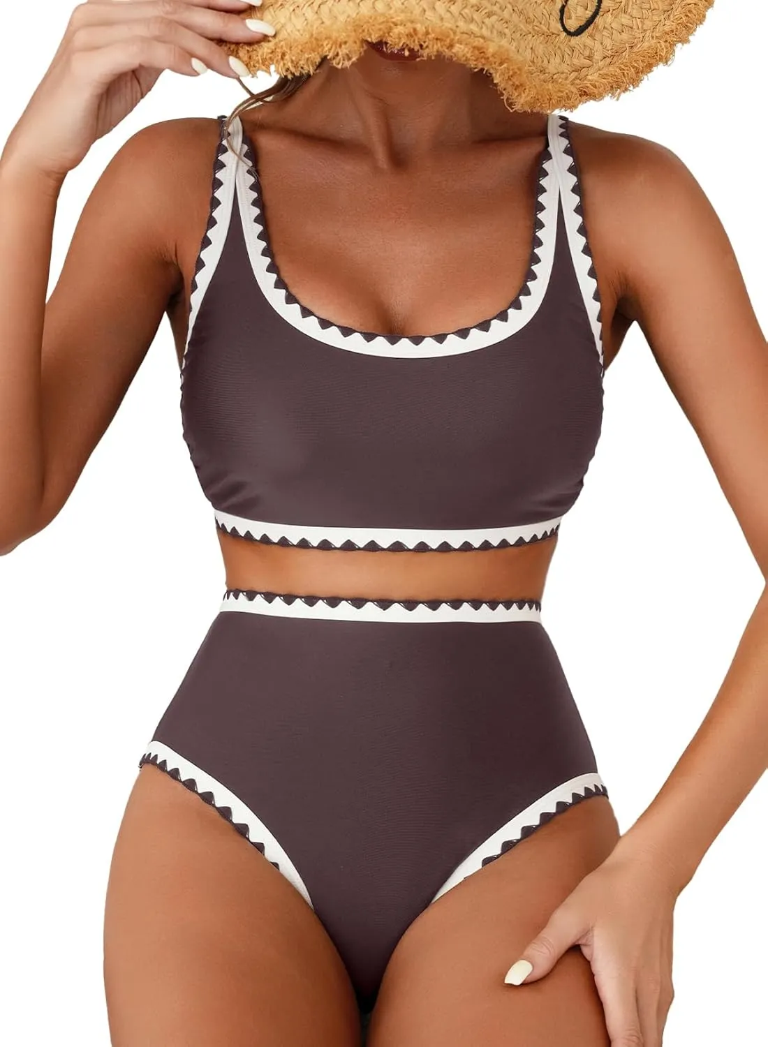 Herseas Women's Bikini Sets Floral Print Whip Stitch 2 Piece Swimsuits High Waisted Scoop Bathing Suits