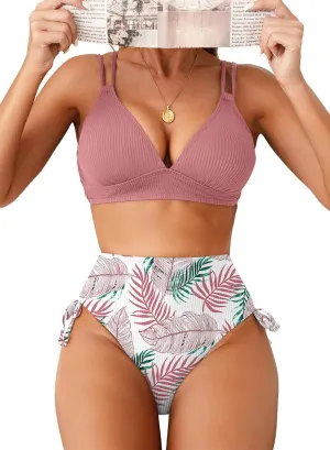 Herseas Women's Bikini Sets Two Piece Swimsuit V Neck High Waisted Ruched Tummy Control 2025 Summer Bathing Suit