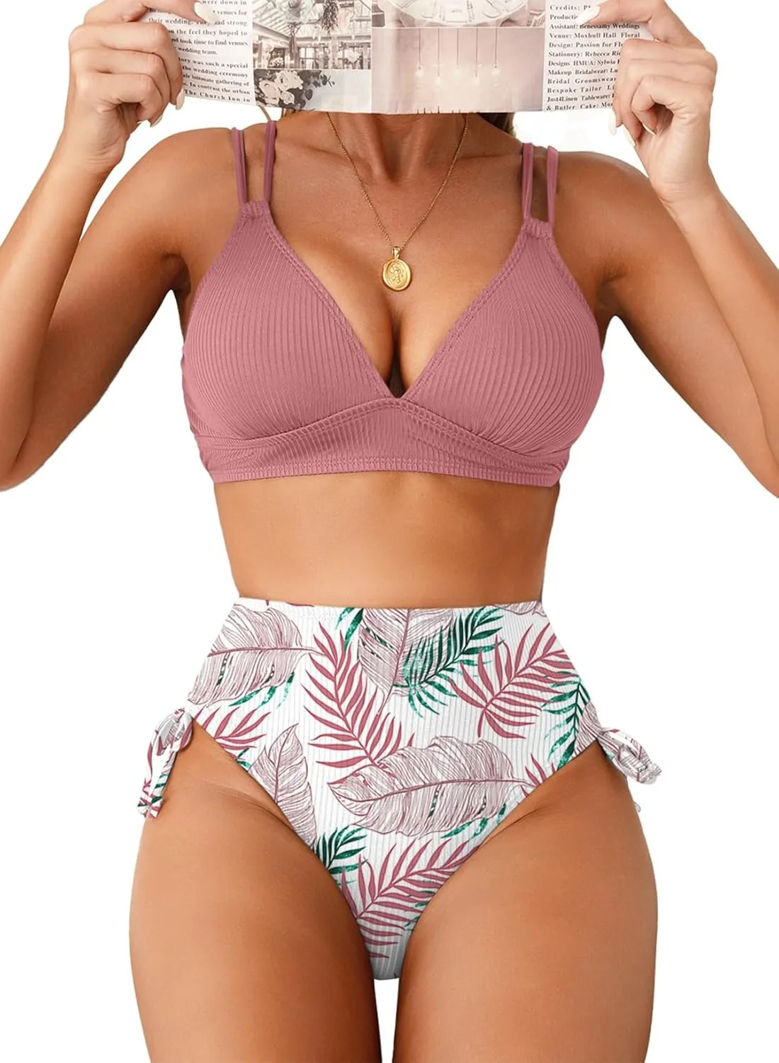 Herseas Women's Bikini Sets Two Piece Swimsuit V Neck High Waisted Ruched Tummy Control 2025 Summer Bathing Suit