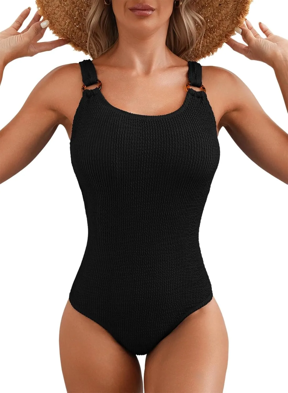 Herseas Women's One Piece Swimsuit Solid Ribbed Padded O Ring Wide Straps Scoop Neck Summer Tummy Control Bathing Suit