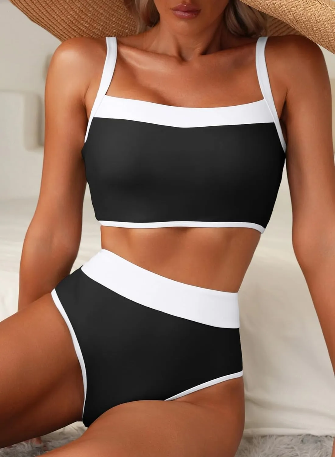 Herseas Women's Two Tone Patchwork Bikini Sets U Neck Swimsuit High Waisted Bathing Suit