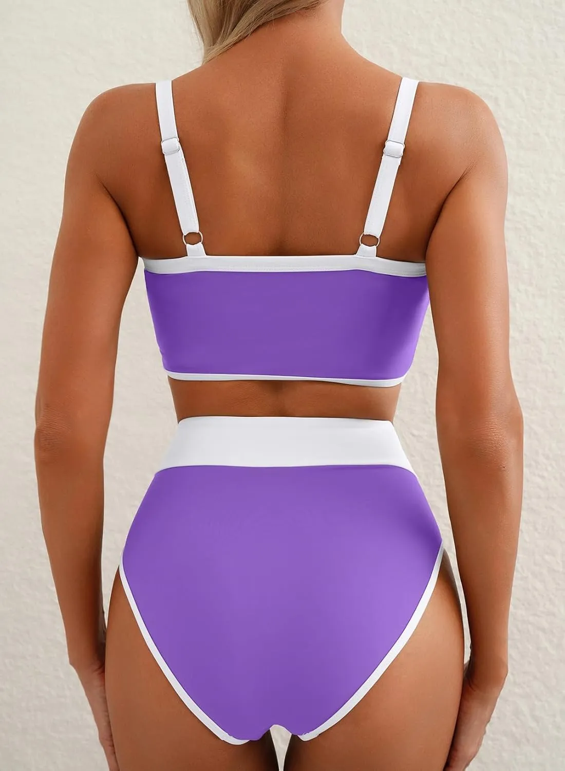 Herseas Women's Two Tone Patchwork Bikini Sets U Neck Swimsuit High Waisted Bathing Suit