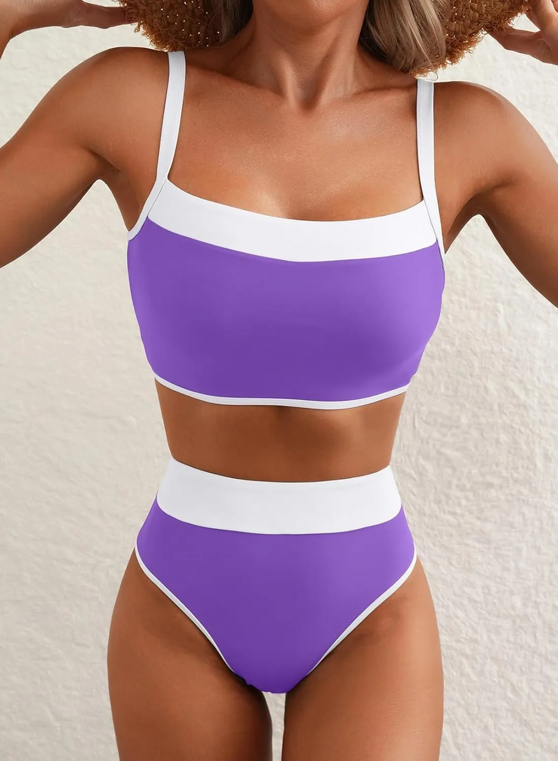 Herseas Women's Two Tone Patchwork Bikini Sets U Neck Swimsuit High Waisted Bathing Suit
