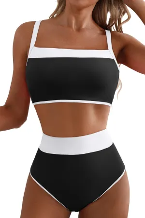 Herseas Women's Two Tone Patchwork Bikini Sets U Neck Swimsuit High Waisted Bathing Suit