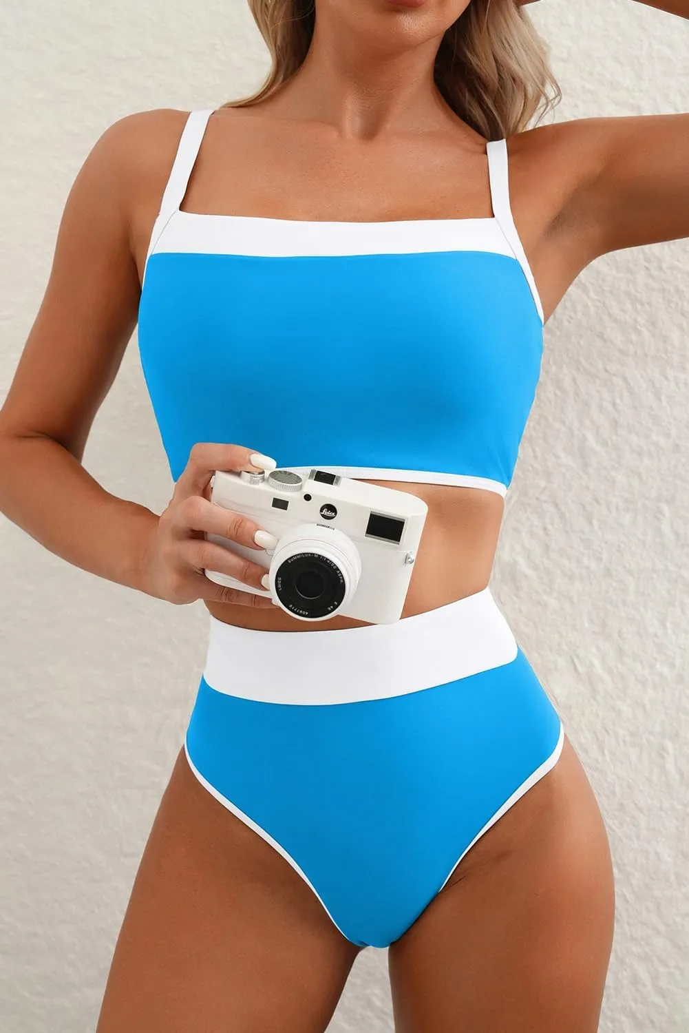 Herseas Women's Two Tone Patchwork Bikini Sets U Neck Swimsuit High Waisted Bathing Suit