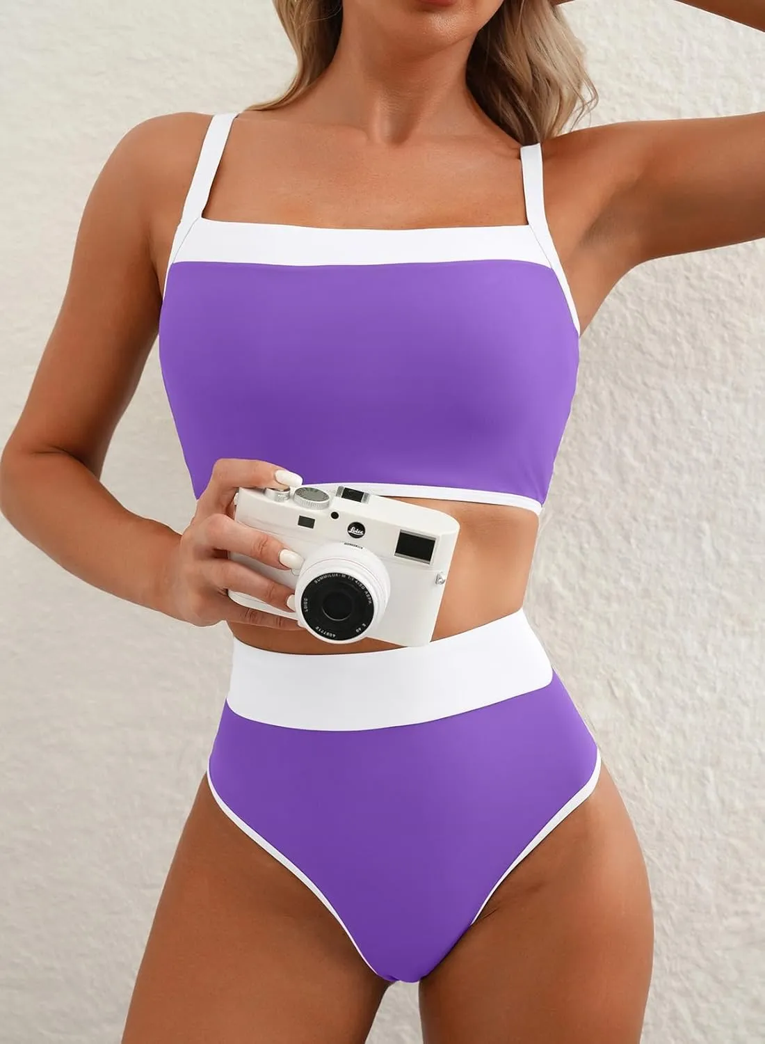 Herseas Women's Two Tone Patchwork Bikini Sets U Neck Swimsuit High Waisted Bathing Suit