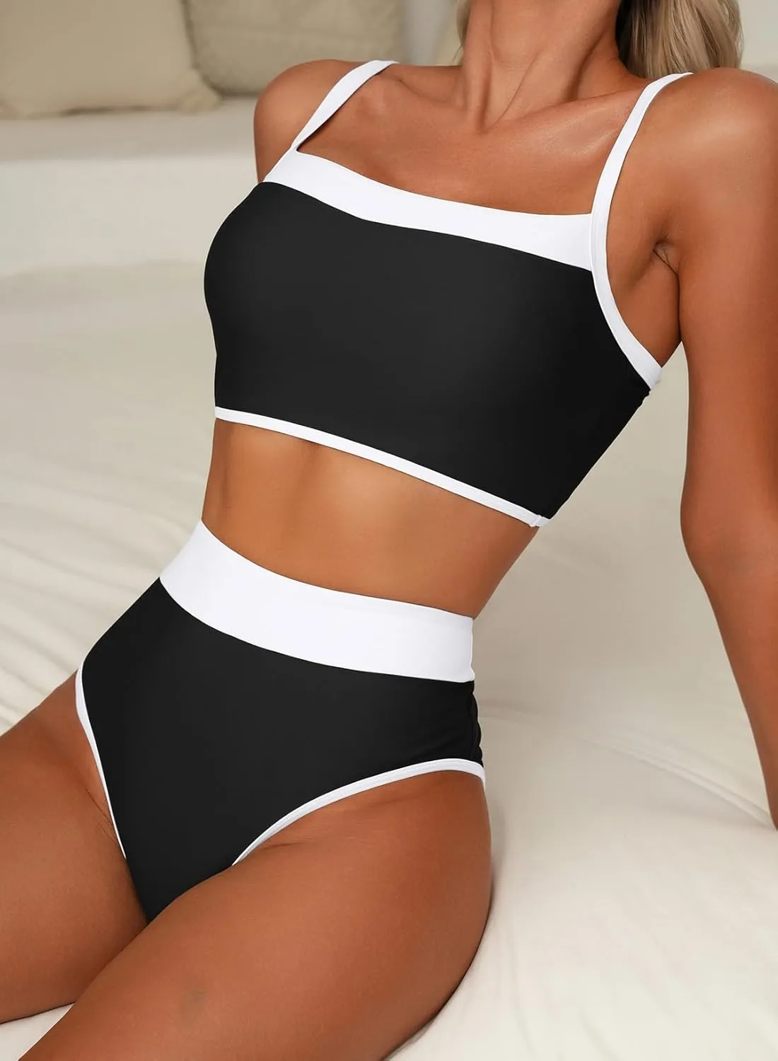 Herseas Women's Two Tone Patchwork Bikini Sets U Neck Swimsuit High Waisted Bathing Suit