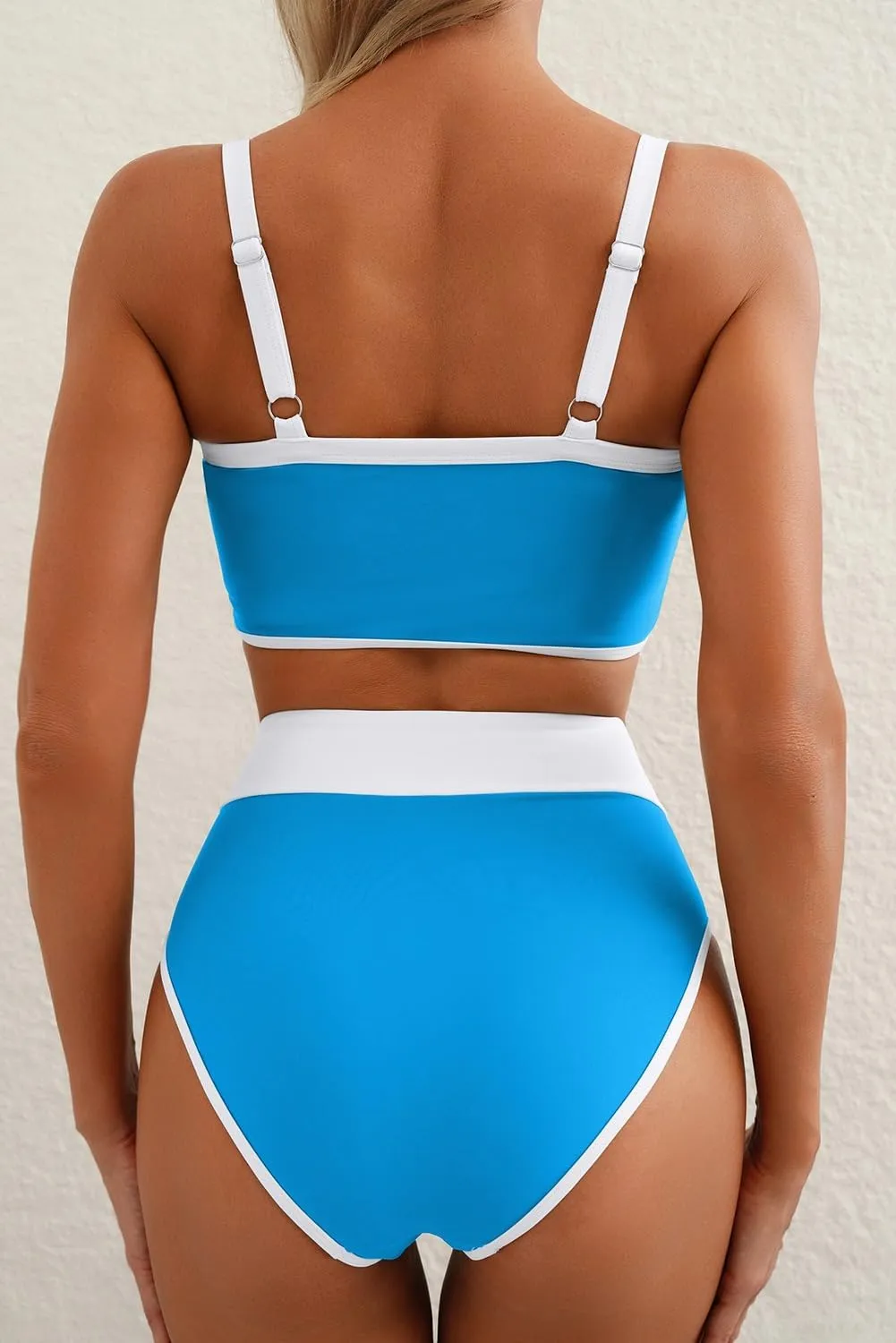 Herseas Women's Two Tone Patchwork Bikini Sets U Neck Swimsuit High Waisted Bathing Suit