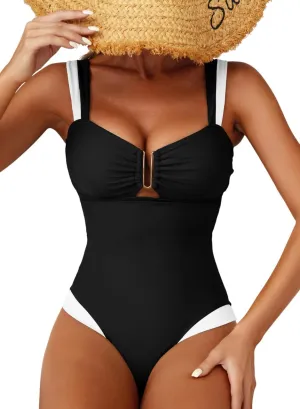 Herseas Women's Two Tone Patchwork One Piece Swimsuit U Hardware Cutout Bathing Suit