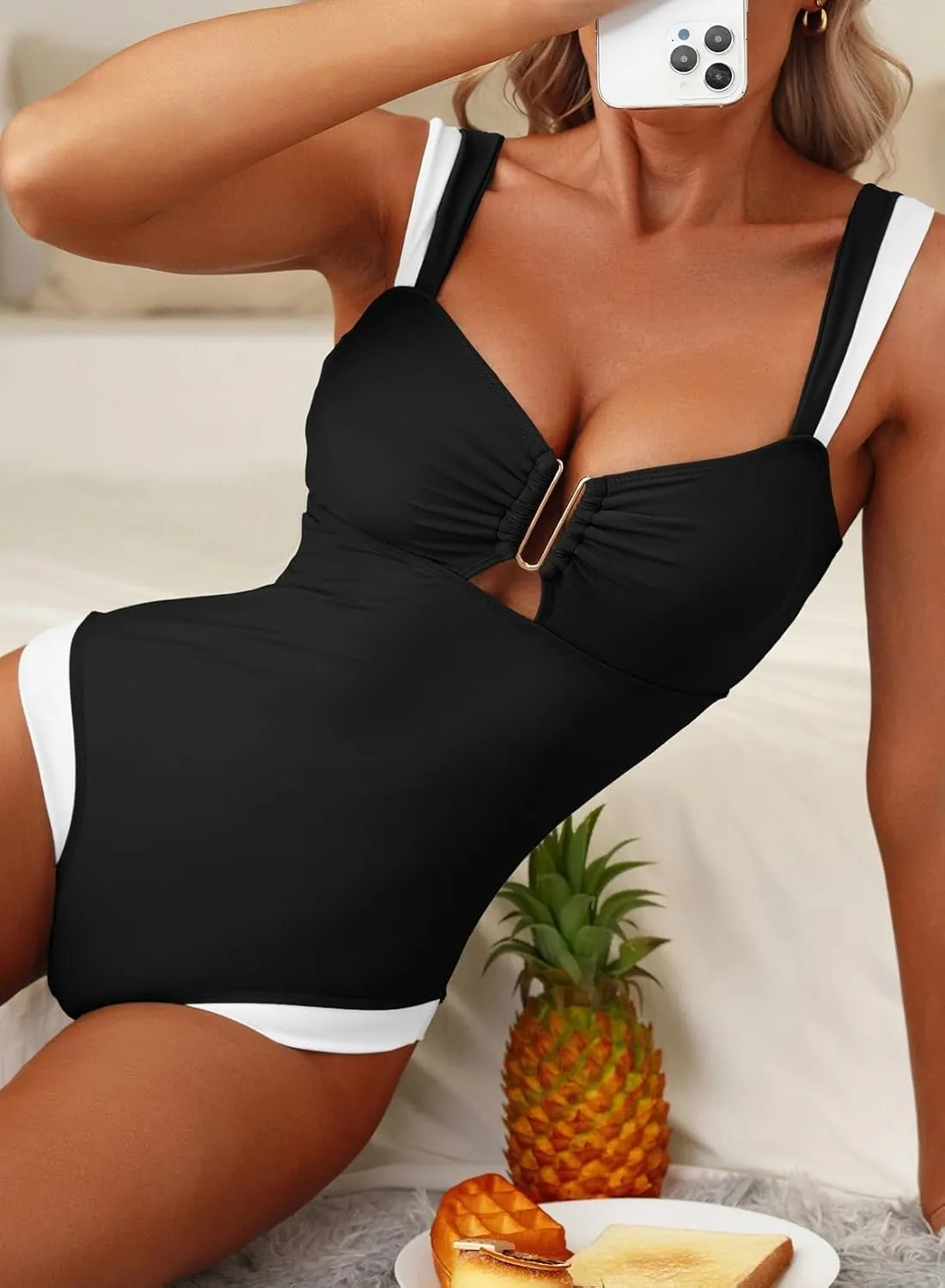 Herseas Women's Two Tone Patchwork One Piece Swimsuit U Hardware Cutout Bathing Suit