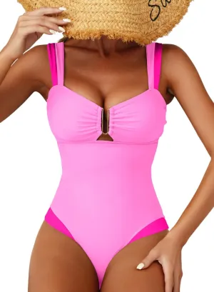 Herseas Women's Two Tone Patchwork One Piece Swimsuit U Hardware Cutout Bathing Suit