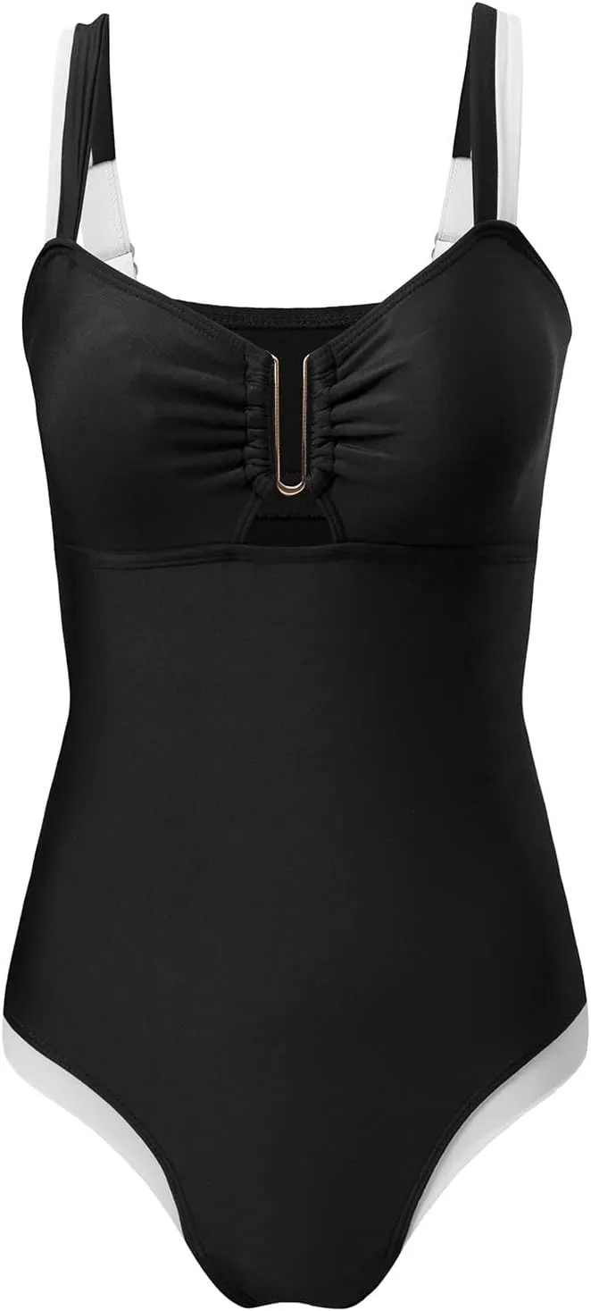 Herseas Women's Two Tone Patchwork One Piece Swimsuit U Hardware Cutout Bathing Suit