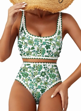 Herseas Women's Bikini Sets Floral Print Whip Stitch 2 Piece Swimsuits High Waisted Scoop Bathing Suits