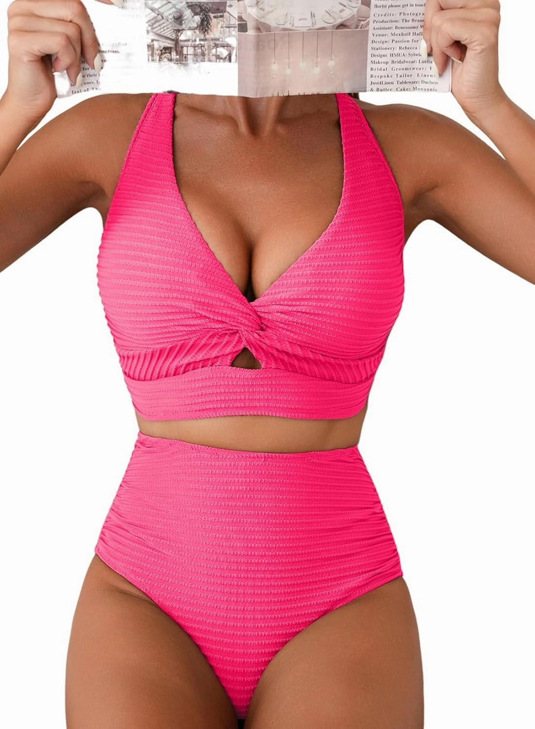 Herseas Women's Textured Bikini Sets Twist Front Top Swimsuits High Waisted Bathing Suits