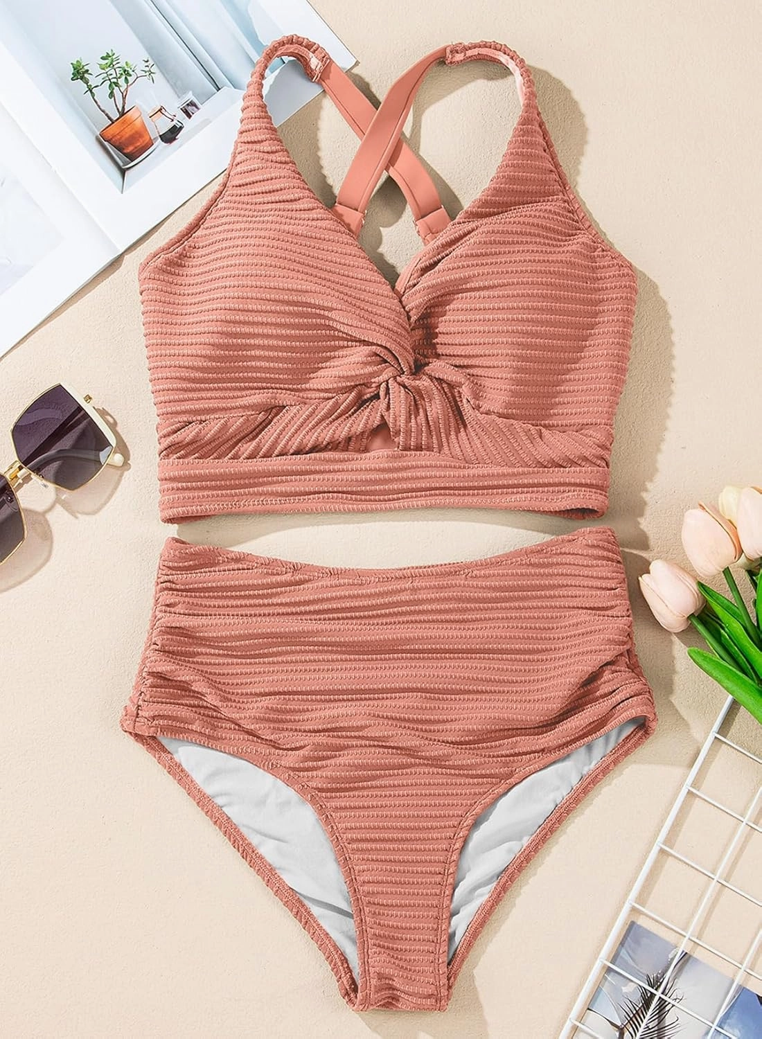 Herseas Women's Textured Bikini Sets Twist Front Top Swimsuits High Waisted Bathing Suits