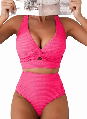 Herseas Women's Textured Bikini Sets Twist Front Top Swimsuits High Waisted Bathing Suits