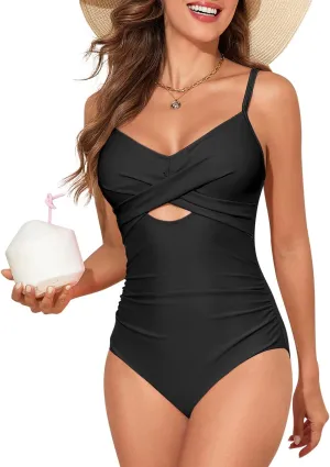 HEYTALALA Women One Piece Swimsuit Tummy Control Bathing Suits Twist Front Cutout V Neck Ruched Slimming Swimwear