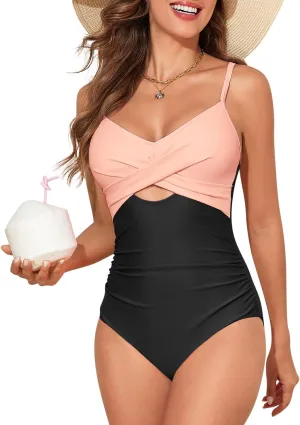 HEYTALALA Women One Piece Swimsuit Tummy Control Bathing Suits Twist Front Cutout V Neck Ruched Slimming Swimwear
