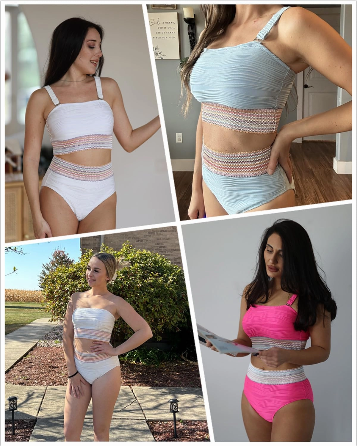 High Waisted Bandeau Bikini Set - Women Strapless Two Piece Swimsuits Ribbed Longline Full Coverage Bathing Suits Swimwear