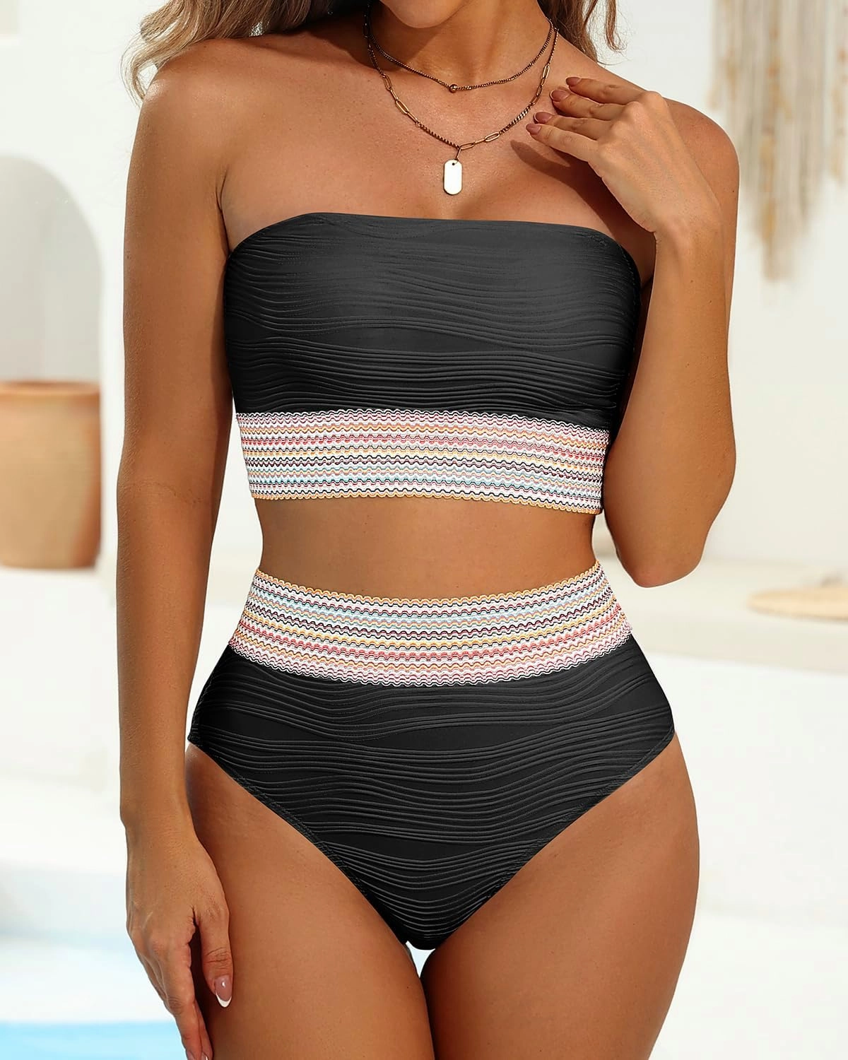 High Waisted Bandeau Bikini Set - Women Strapless Two Piece Swimsuits Ribbed Longline Full Coverage Bathing Suits Swimwear