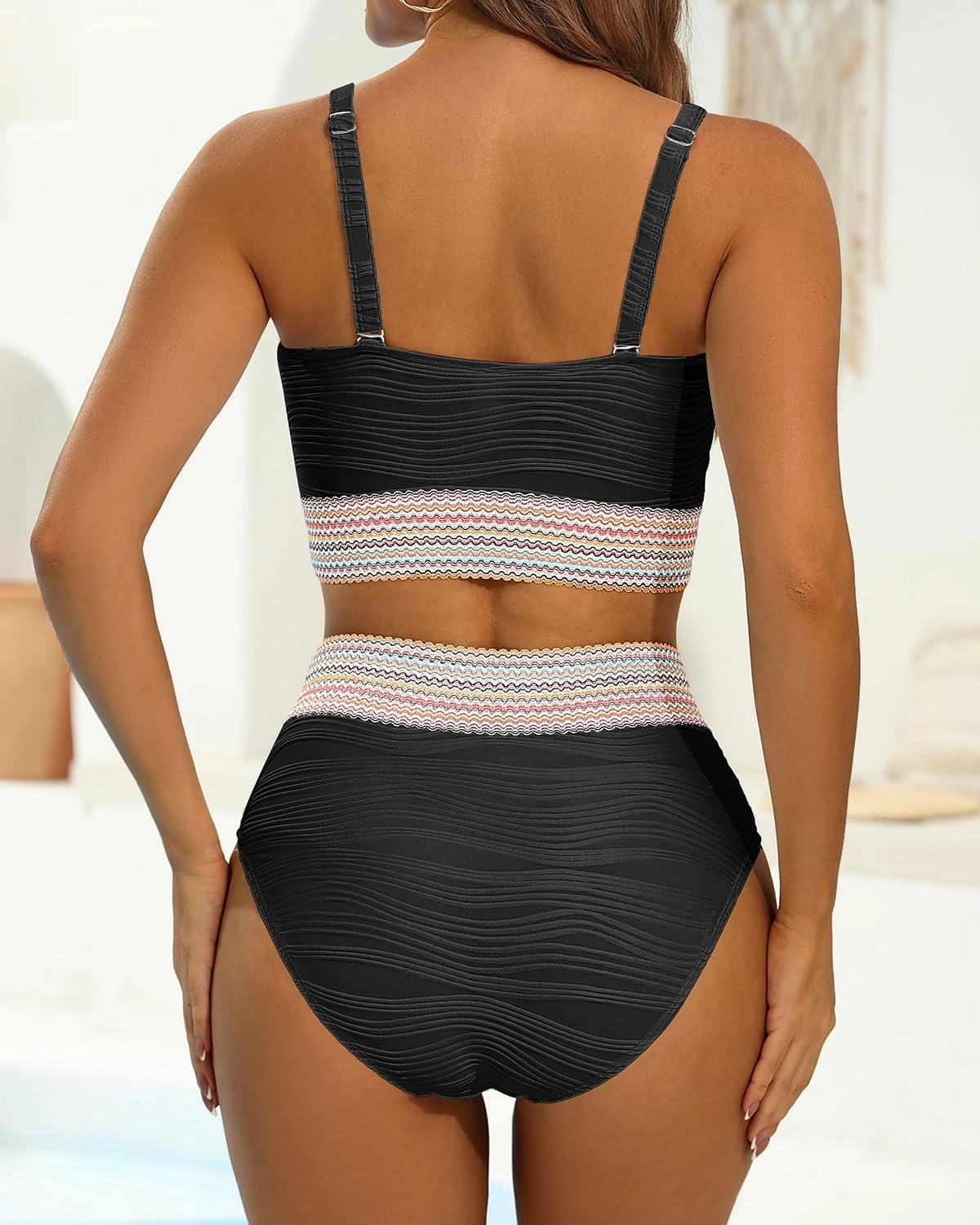 High Waisted Bandeau Bikini Set - Women Strapless Two Piece Swimsuits Ribbed Longline Full Coverage Bathing Suits Swimwear