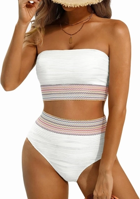 High Waisted Bandeau Bikini Set - Women Strapless Two Piece Swimsuits Ribbed Longline Full Coverage Bathing Suits Swimwear