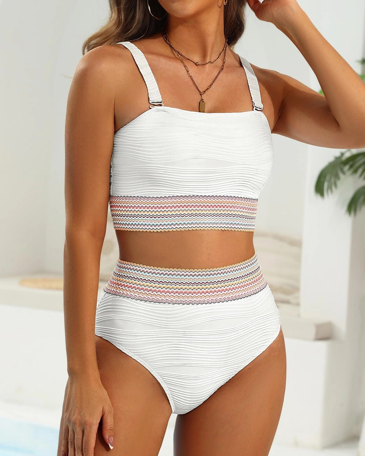High Waisted Bandeau Bikini Set - Women Strapless Two Piece Swimsuits Ribbed Longline Full Coverage Bathing Suits Swimwear