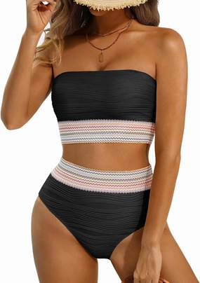 High Waisted Bandeau Bikini Set - Women Strapless Two Piece Swimsuits Ribbed Longline Full Coverage Bathing Suits Swimwear