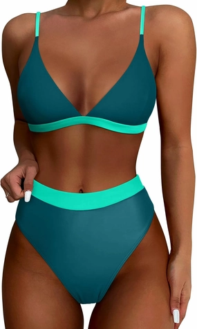 High Waisted Bikini Set for Women Two Piece Tummy Control Bathing Suit V Neck Triangle Swimsuit Color Block
