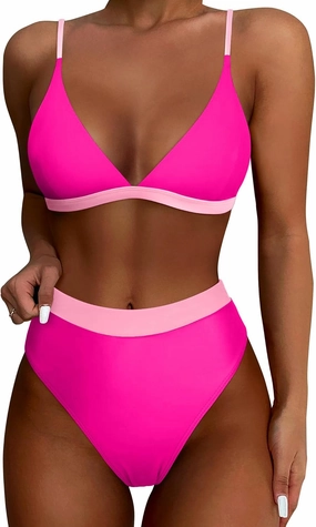 High Waisted Bikini Set for Women Two Piece Tummy Control Bathing Suit V Neck Triangle Swimsuit Color Block