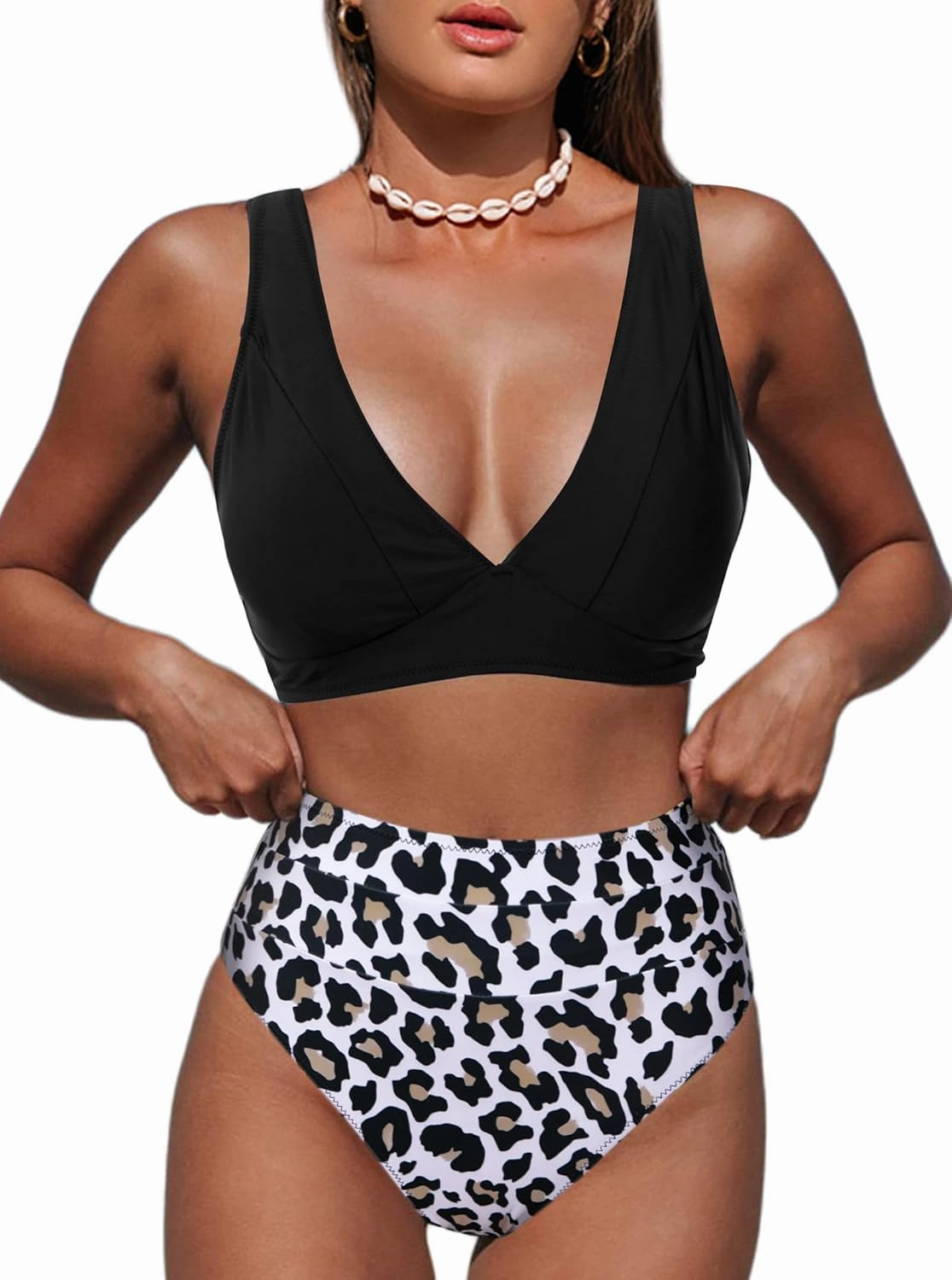 Hilinker Women's Leopard Bikini Swimsuits V Neck High Waisted 2 Piece Bathing Suits