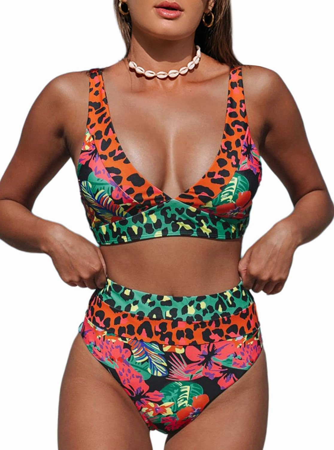 Hilinker Women's Leopard Bikini Swimsuits V Neck High Waisted 2 Piece Bathing Suits