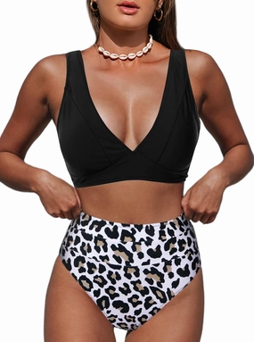 Hilinker Women's Leopard Bikini Swimsuits V Neck High Waisted 2 Piece Bathing Suits