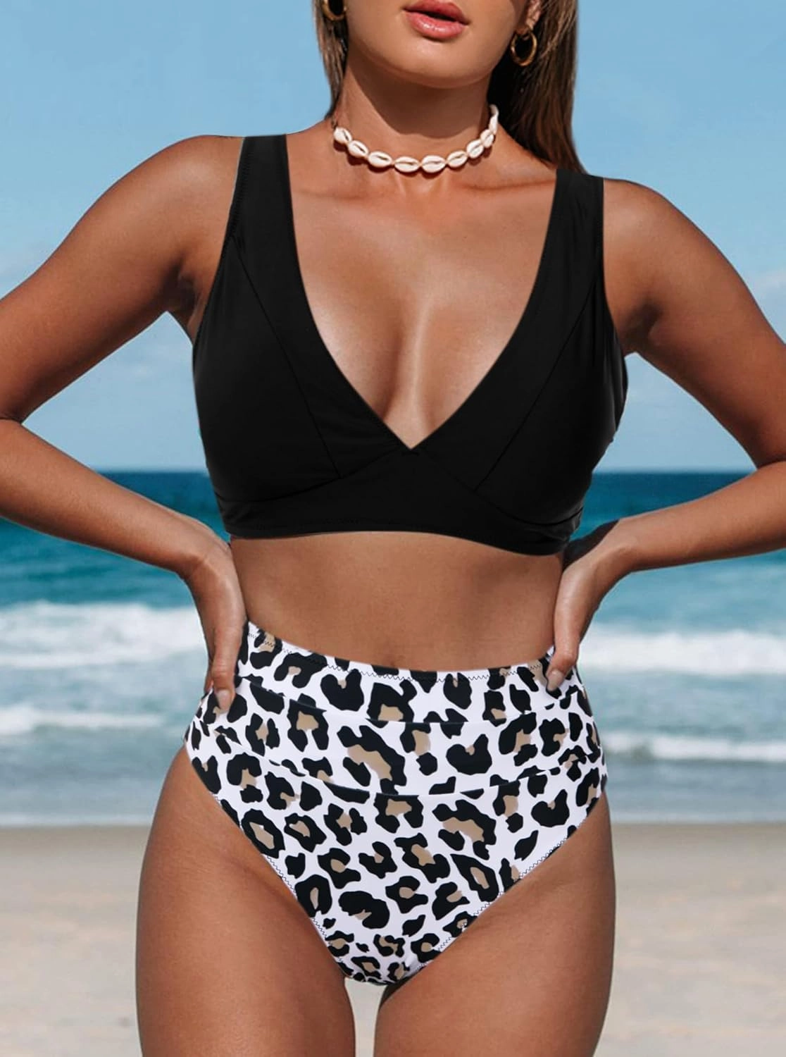 Hilinker Women's Leopard Bikini Swimsuits V Neck High Waisted 2 Piece Bathing Suits
