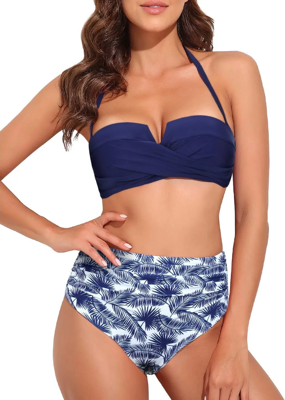 Hilor Bandeau Two Piece Bathing Suits for Women with Strap Retro High Waisted Swimsuits Sexy Push Up Bikini Swimwear
