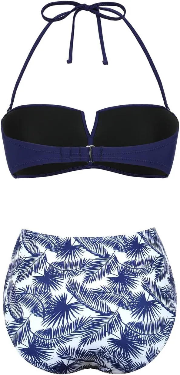 Hilor Bandeau Two Piece Bathing Suits for Women with Strap Retro High Waisted Swimsuits Sexy Push Up Bikini Swimwear