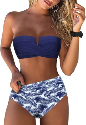 Hilor Bandeau Two Piece Bathing Suits for Women with Strap Retro High Waisted Swimsuits Sexy Push Up Bikini Swimwear