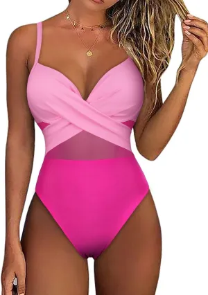 Hilor Underwire One Piece Swimsuits for Women Sexy Cutout Mesh Criss Cross Push Up Bathing Suits