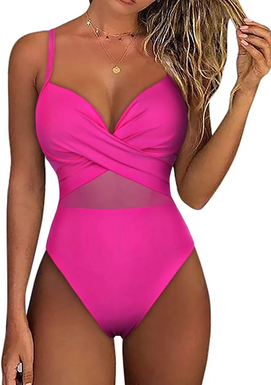 Hilor Underwire One Piece Swimsuits for Women Sexy Cutout Mesh Criss Cross Push Up Bathing Suits