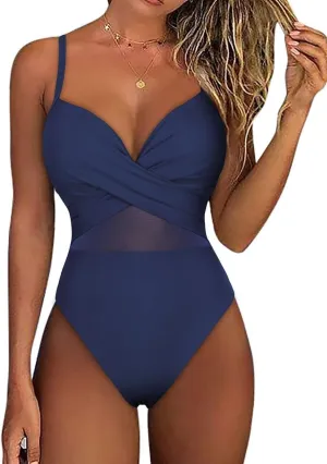 Hilor Underwire One Piece Swimsuits for Women Sexy Cutout Mesh Criss Cross Push Up Bathing Suits