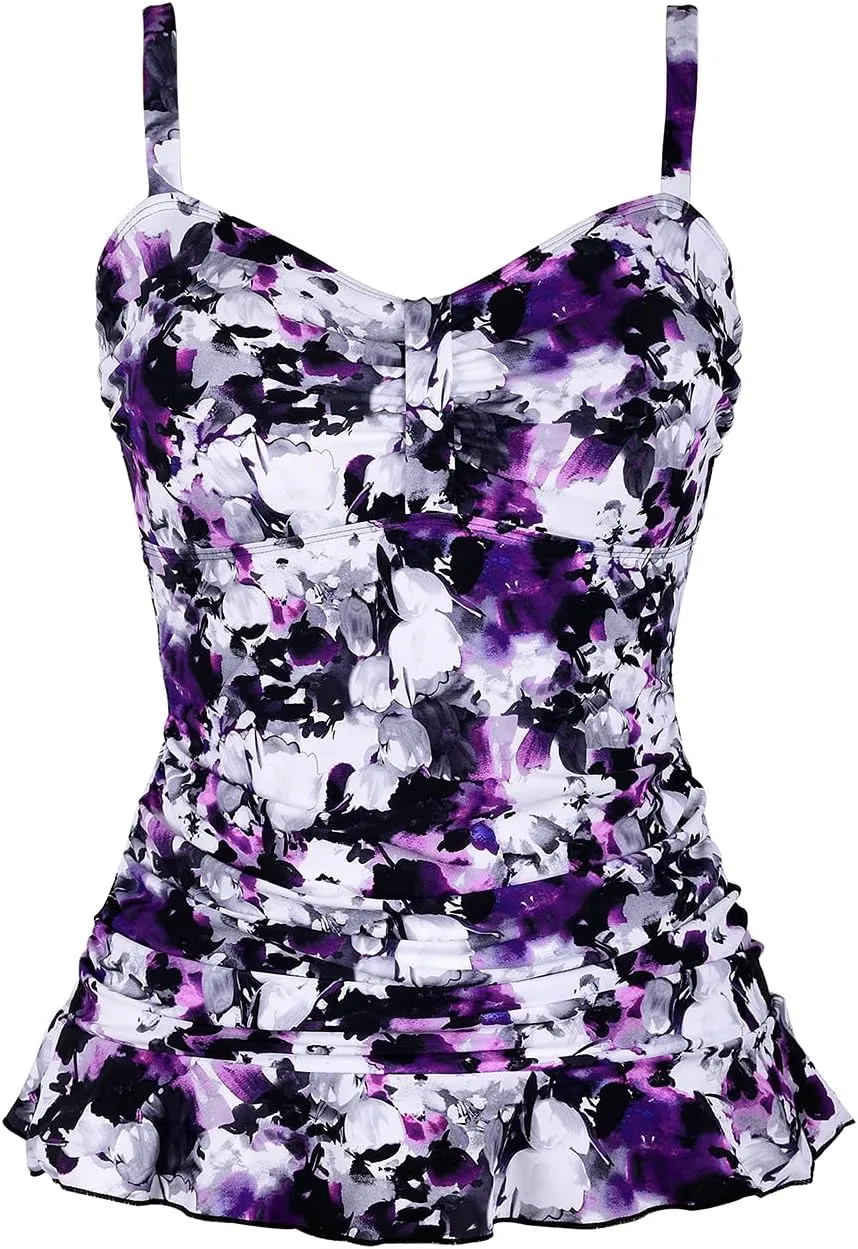 Hilor Women's 50's Retro Ruched Tankini Swimsuit Top with Ruffle Hem Bathing Suit Top Tummy Control Swim Tops