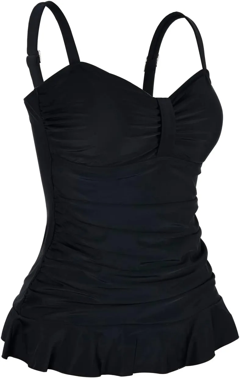 Hilor Women's 50's Retro Ruched Tankini Swimsuit Top with Ruffle Hem Bathing Suit Top Tummy Control Swim Tops