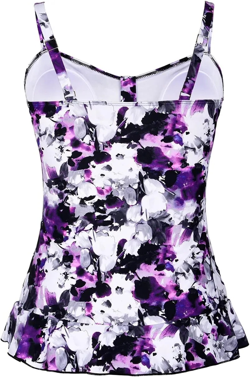 Hilor Women's 50's Retro Ruched Tankini Swimsuit Top with Ruffle Hem Bathing Suit Top Tummy Control Swim Tops