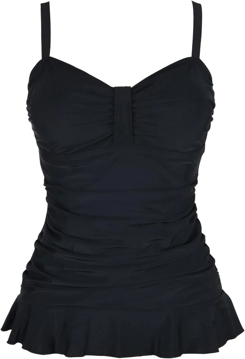 Hilor Women's 50's Retro Ruched Tankini Swimsuit Top with Ruffle Hem Bathing Suit Top Tummy Control Swim Tops