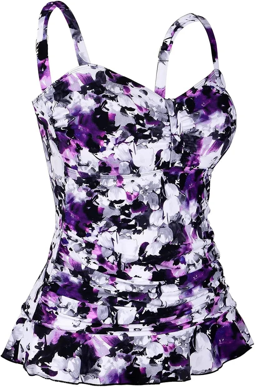 Hilor Women's 50's Retro Ruched Tankini Swimsuit Top with Ruffle Hem Bathing Suit Top Tummy Control Swim Tops