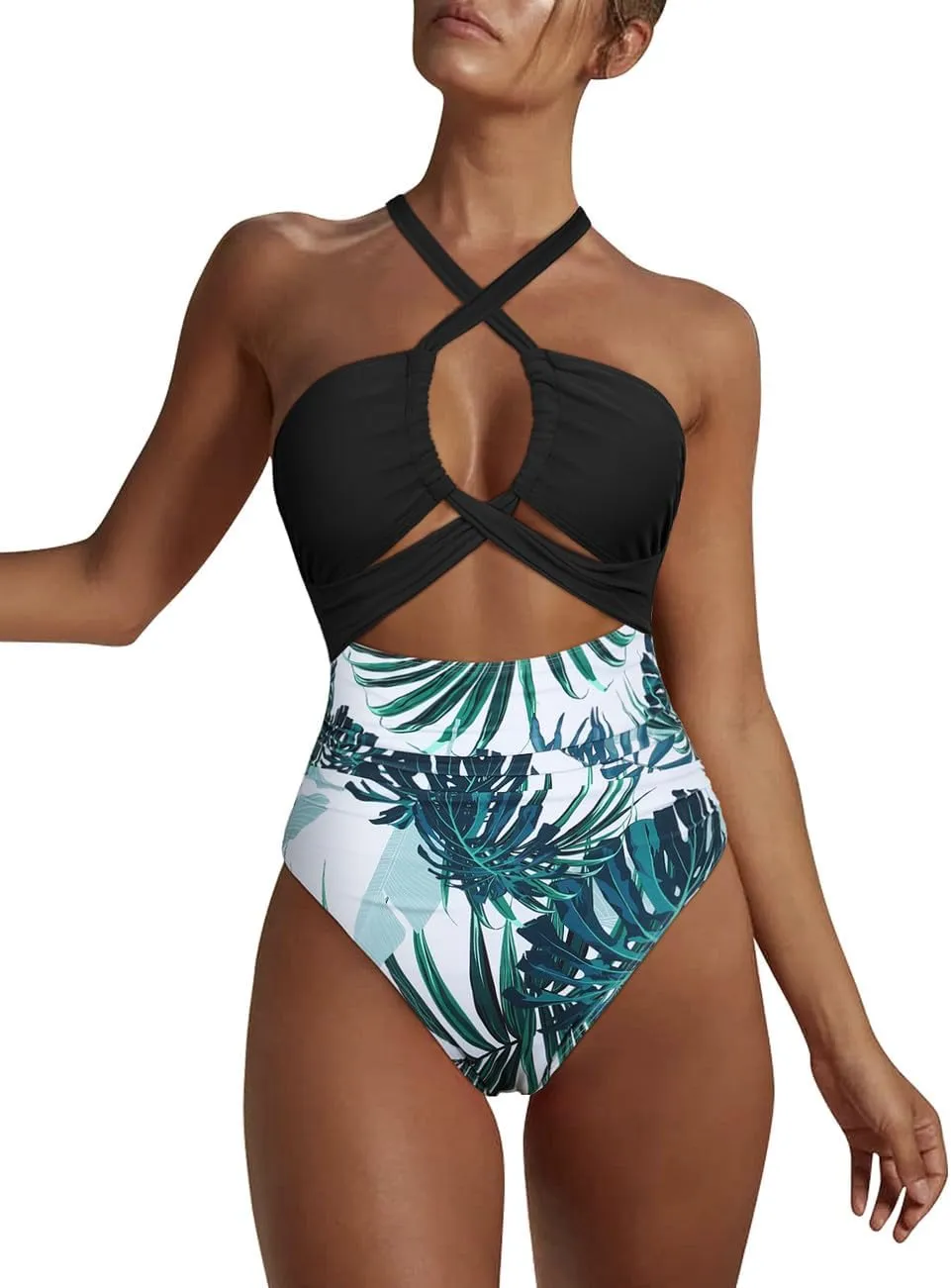 Hilor Women's One Piece Swimsuit Sexy Cutout Halter Bathing Suits Crossover High Cut Monokini Swimwear