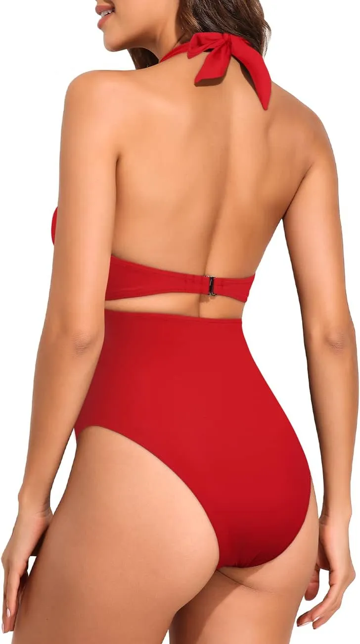 Hilor Women's One Piece Swimsuit Sexy Cutout Halter Bathing Suits Crossover High Cut Monokini Swimwear