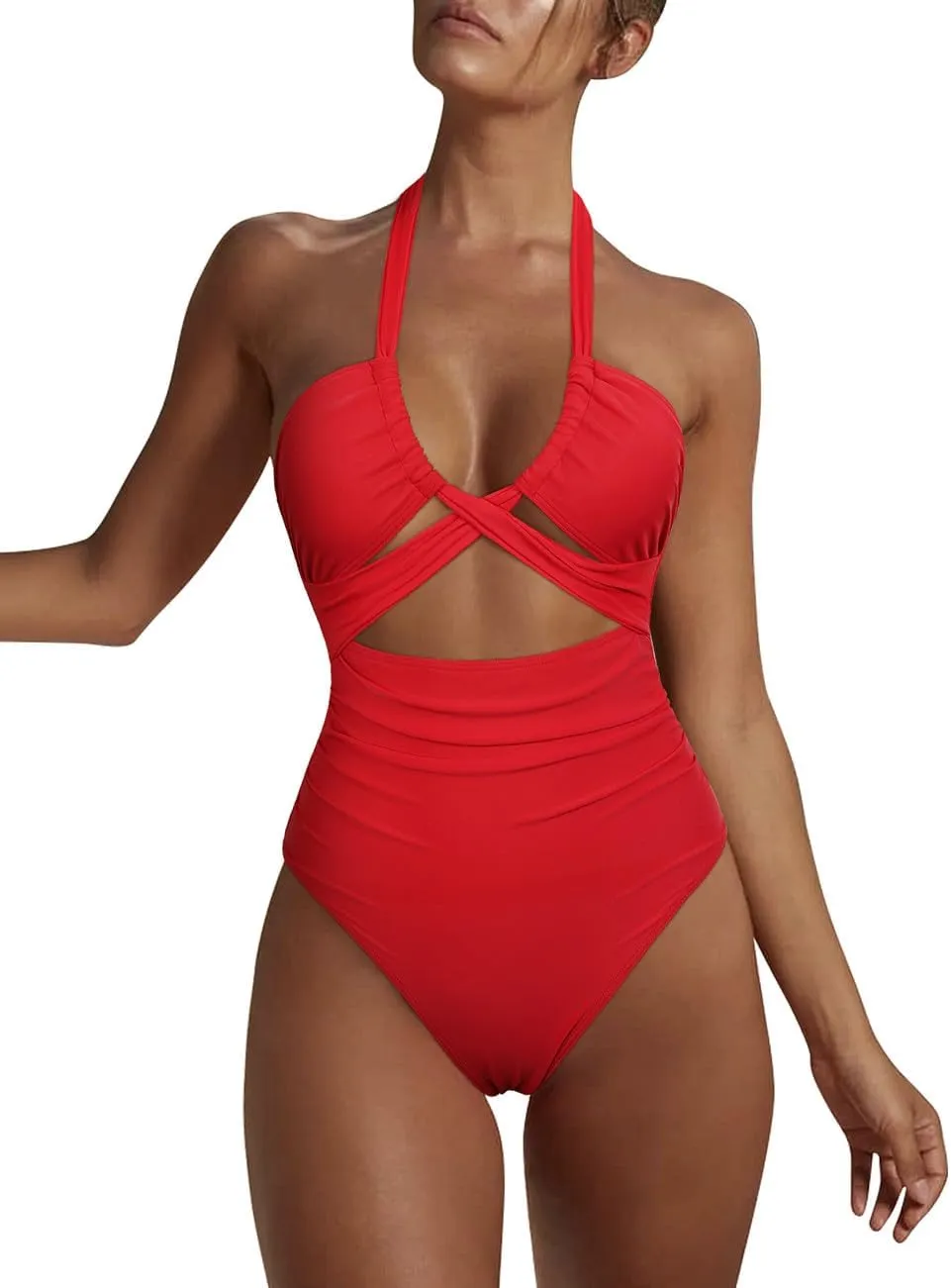 Hilor Women's One Piece Swimsuit Sexy Cutout Halter Bathing Suits Crossover High Cut Monokini Swimwear