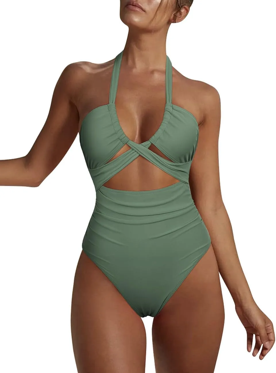 Hilor Women's One Piece Swimsuit Sexy Cutout Halter Bathing Suits Crossover High Cut Monokini Swimwear